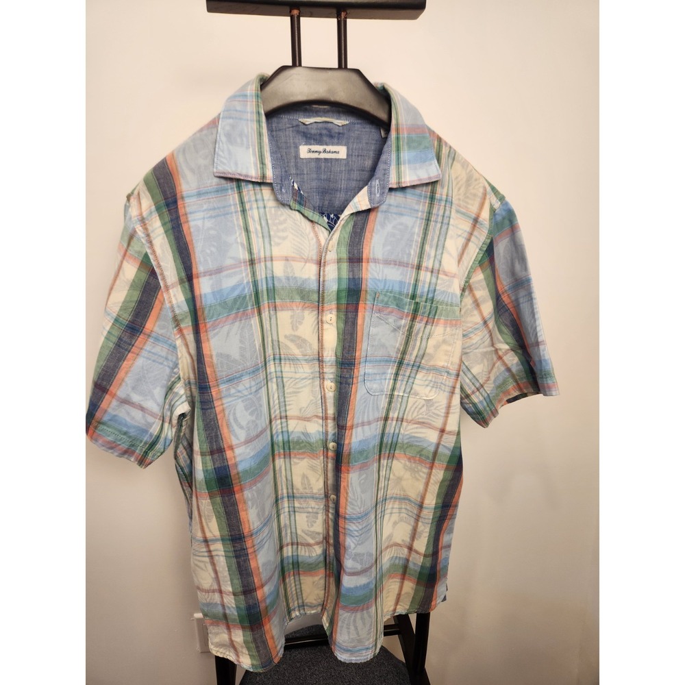 Tommy Bahama Cotton White Checked Shirt Beach Vacation Men's Large Short Sleeve